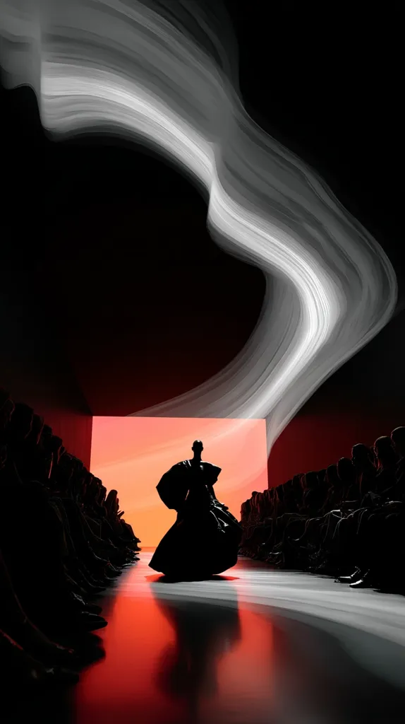 A fashion show runway is depicted, with a single model silhouetted against a vibrant orange backdrop.  The model, in a flowing dark gown, commands attention as they walk towards the camera.  A dramatic, swirling grey and white abstract design dominates the upper portion of the image, contrasting with the sharp silhouette below.  Rows of seated audience members flank the runway, their forms dark and indistinct. The overall mood is one of striking contrast and dramatic elegance.
