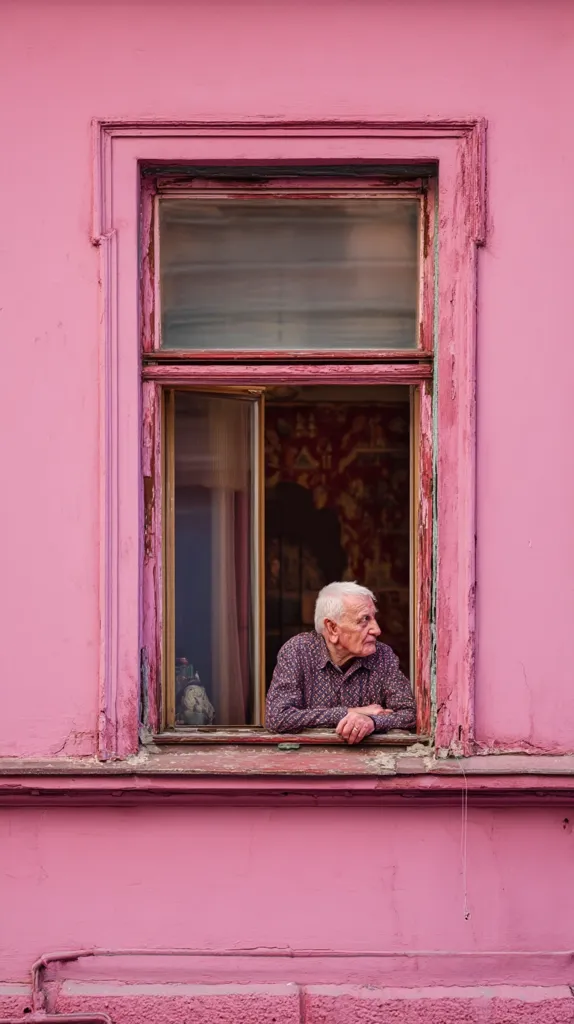 An elderly man with white hair sits in a window of a pink building, looking thoughtfully to his right. The window is old, with weathered, painted wood.  He wears a dark patterned shirt and rests his arms on the sill.  The building's pink paint is slightly faded and textured. The scene conveys a sense of quiet contemplation.