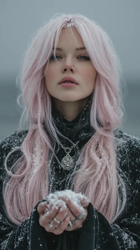 A young woman with long, pale pink hair stands outdoors in the snow.  Snowflakes dust her hair and clothes. She wears a dark, long-sleeved garment and a silver necklace with a pendant.  Her expression is serene as she gently holds a handful of snow.  The overall mood is ethereal and wintery.