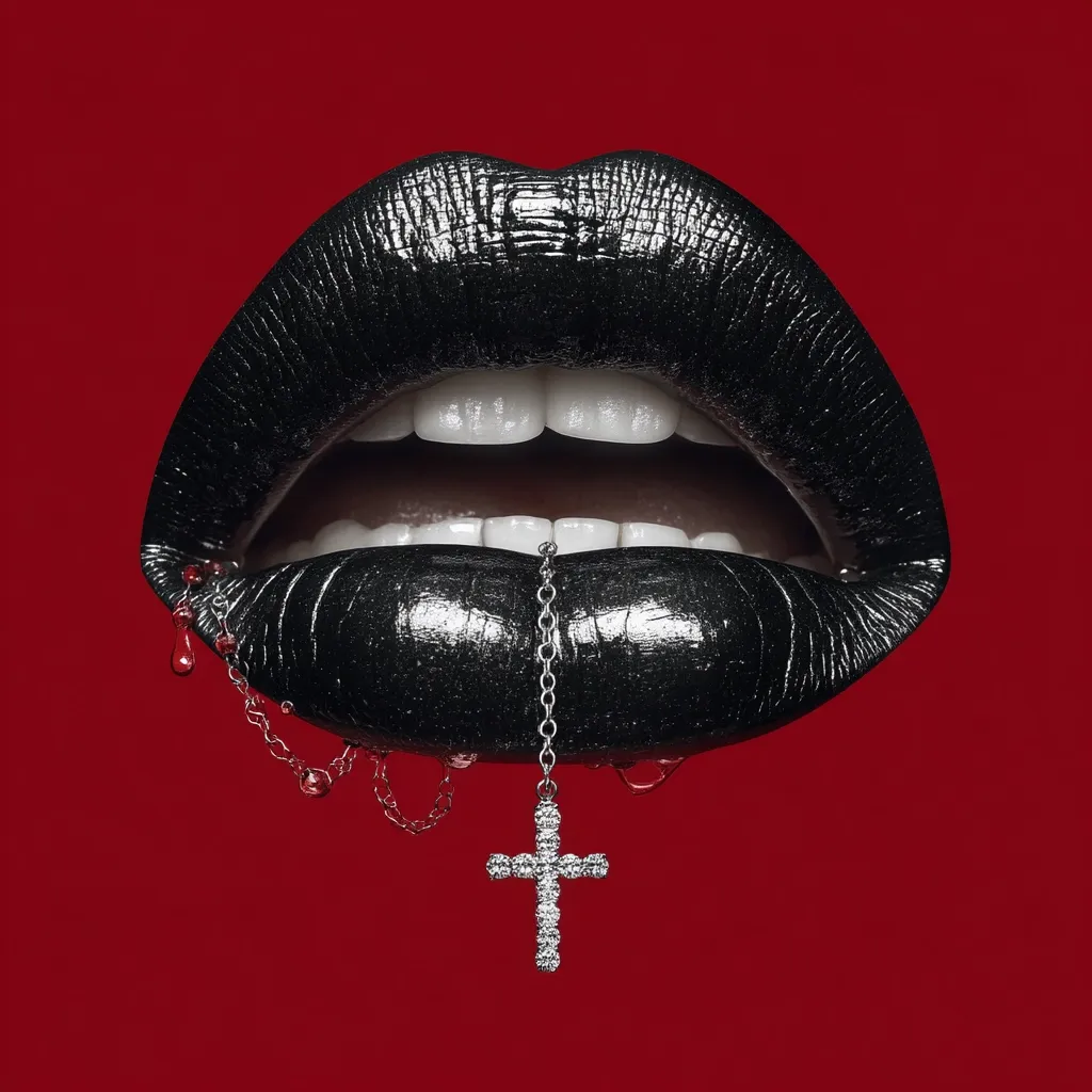 Close-up of a pair of lips painted with black, glossy lipstick.  A delicate silver chain with a diamond-encrusted cross hangs from the bottom lip, with small droplets seemingly dripping from the chain. The stark contrast of black lips against a deep red background creates a dramatic, high-fashion image.