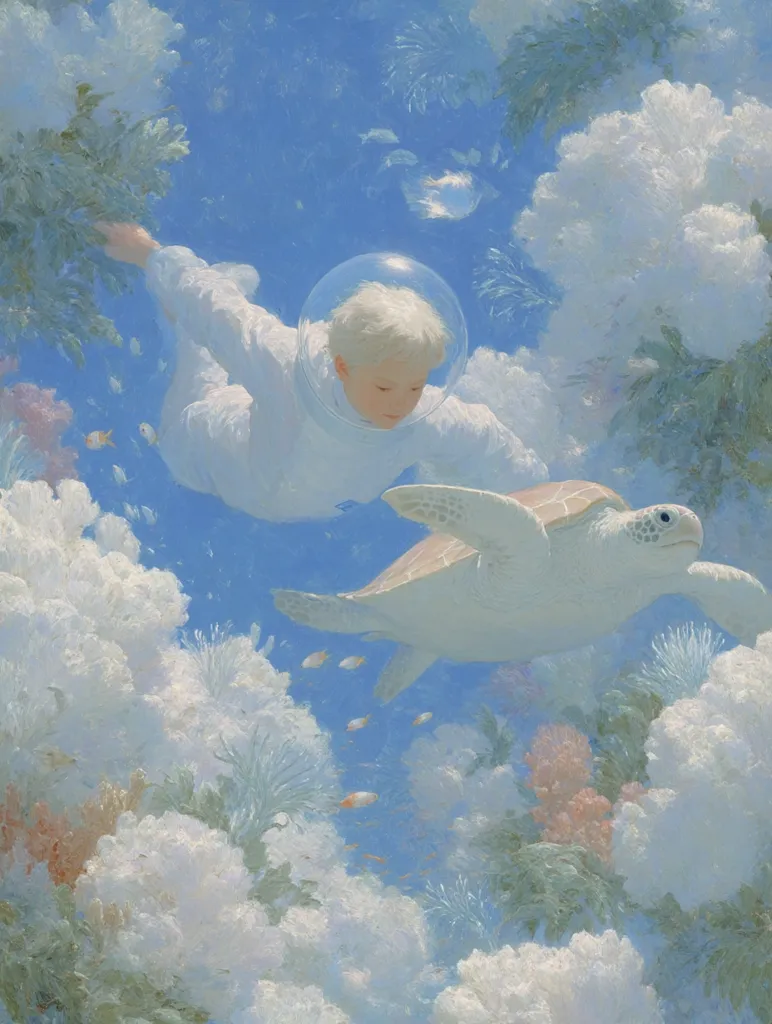 A painting depicts a child in a transparent helmet, seemingly floating underwater.  The child wears a white suit and is interacting with a large, pale sea turtle.  The scene is ethereal, with soft, pastel colors and cloud-like coral formations surrounding them.  Small fish swim in the background, adding to the dreamy underwater atmosphere. The overall impression is one of serene wonder and gentle exploration.