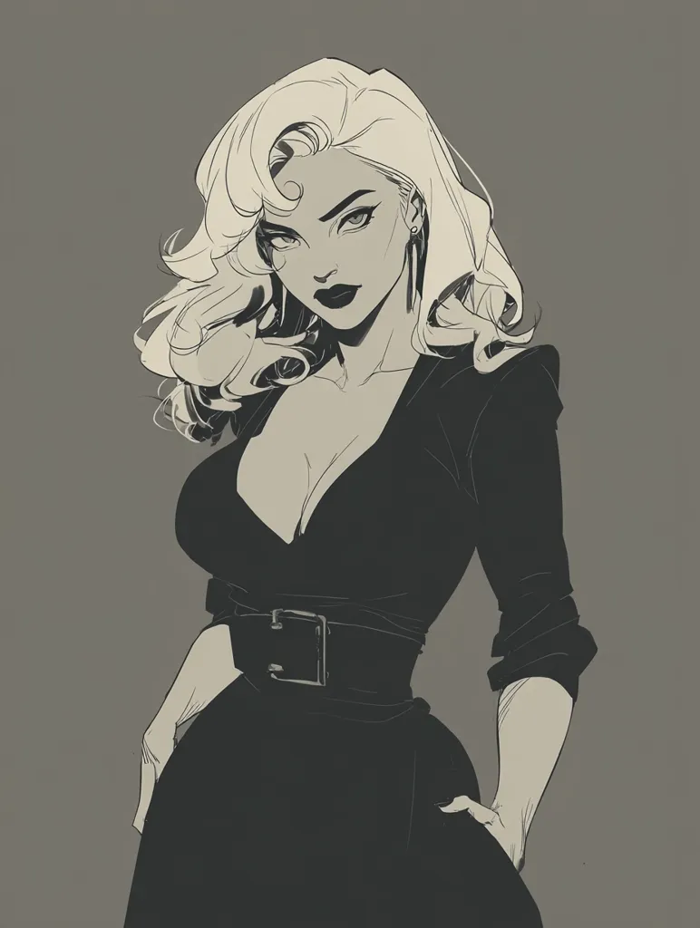 A stylized monochrome drawing of a woman with voluminous blonde hair. She's depicted in a low-cut black dress cinched at the waist with a wide belt, her expression serious and confident.  The artwork features a dramatic use of shading and linework, giving a vintage, possibly noir-inspired aesthetic. Her pose is poised and suggestive of strength and mystery.