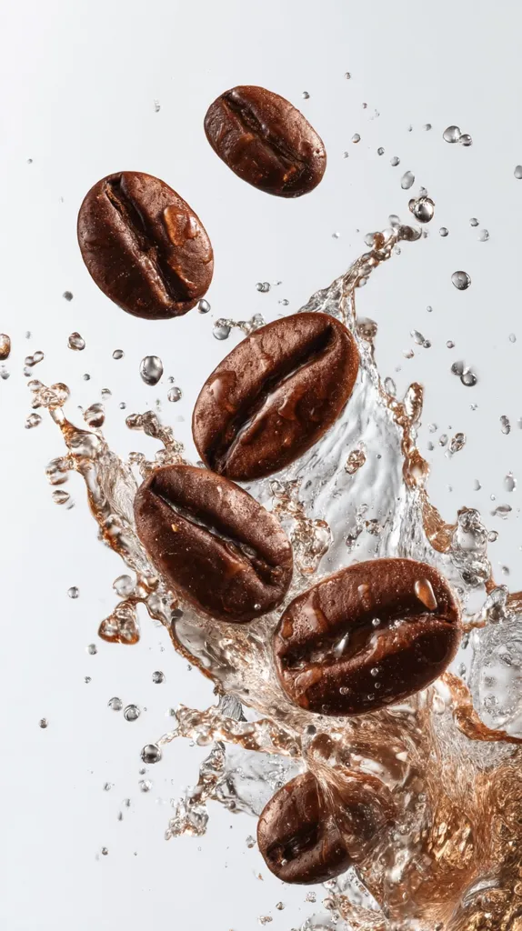 Multiple coffee beans are captured mid-air, plunging into a splash of water.  The beans are dark brown and glistening, contrasting against the clear water. The image showcases the dynamic movement of the beans and water, creating a visually appealing and energetic scene suggesting the brewing process or the freshness of the coffee. The background is a simple, off-white, drawing focus to the central action.