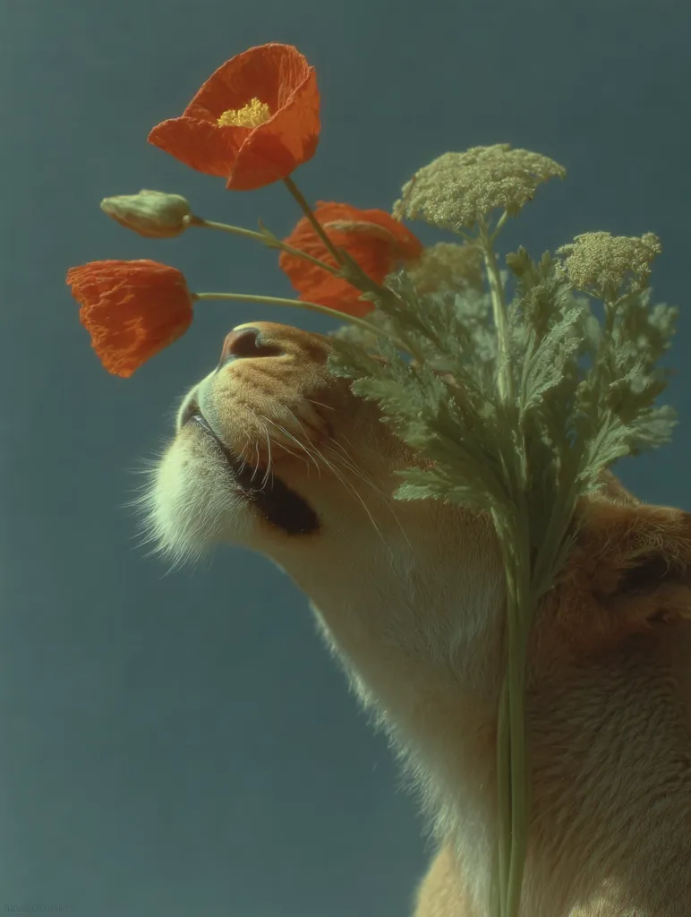 A lioness gazes upward, her face framed by a bouquet of vibrant orange poppies and delicate green yarrow. The soft light bathes the scene in a serene, almost ethereal glow.  The lioness's gentle expression contrasts beautifully with the bold color of the flowers, creating a captivating image of nature's quiet beauty. The muted teal background enhances the overall peaceful ambiance.
