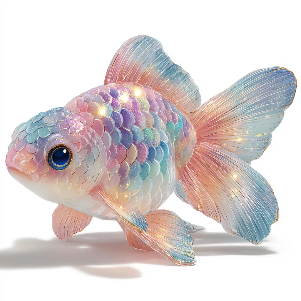 A whimsical, iridescent goldfish is depicted in a digital illustration. Its scales shimmer with pastel hues of pink, blue, and purple, creating a dreamy, ethereal effect.  The fins are delicately rendered, appearing translucent and flowing.  Tiny sparkles are embedded within the scales, adding to the magical quality of the image. The goldfish's large, expressive eyes complete the enchanting scene.
