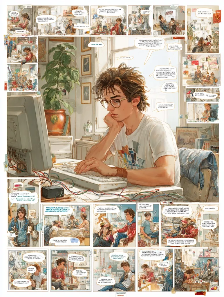 A young man with glasses sits at a computer in a brightly lit room, engrossed in his work.  The scene is depicted in a graphic novel style, with panels surrounding the central image showing various scenes of daily life, family, and friends.  The artwork is detailed and watercolor-like, creating a warm, nostalgic atmosphere.  The panels feature dialogue in a language other than English, suggesting a narrative unfolding. The overall composition suggests a story of everyday life and relationships.