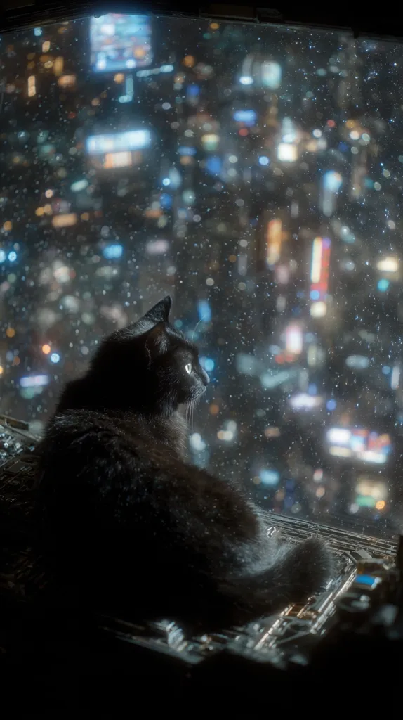 A black cat sits by a window, gazing out at a blurred cityscape at night.  The city lights twinkle like distant stars, creating a magical, bokeh effect.  Snow or rain falls gently against the glass, adding to the atmospheric scene. The cat's silhouette is stark against the bright, out-of-focus background, highlighting its contemplative pose.