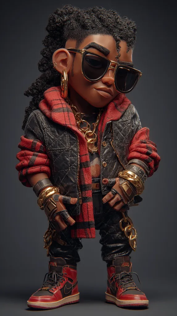 A stylized 3D rendering of a young Black male, possibly a cartoon character, dressed in hip-hop attire. He sports a red and black plaid shirt under a black quilted jacket, gold chains, large gold rings, and fingerless gloves. His outfit is completed with red and black Air Jordan high-top sneakers. His large, dark sunglasses and textured Afro hairstyle add to his unique style.  The image showcases impressive digital artistry and character design.
