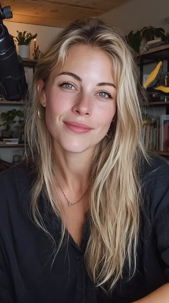 A young woman with long, light blonde hair smiles gently at the camera.  She wears a simple black shirt and a delicate silver necklace.  Her makeup is natural and enhances her light eyes and complexion. The background is softly blurred, showing plants and bookshelves, suggesting a home environment.  The overall impression is one of relaxed warmth and natural beauty.