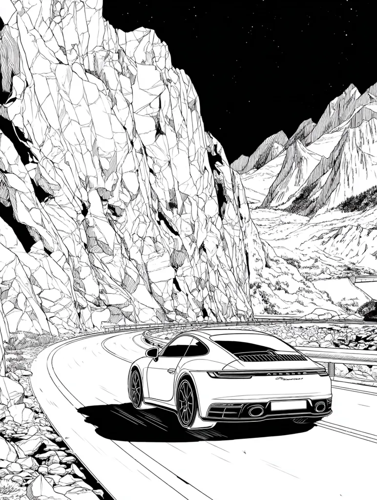 A black and white illustration depicts a Porsche 911 Carrera driving along a winding mountain road. The car is in the lower right of the image, sharply rendered against a backdrop of stark, detailed mountains under a night sky.  The road curves around a massive rock face, suggesting a challenging yet scenic drive. The style is graphic and dramatic, emphasizing the contrast between the vehicle and the rugged landscape.