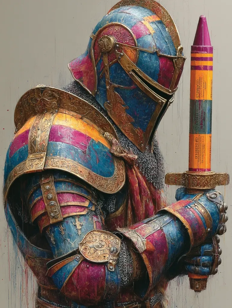 A knight in vibrant, multicolored armor stands holding a giant crayon as a sword. The armor is intricately detailed with gold accents and a worn, textured appearance.  The crayon is brightly colored, suggesting a playful contrast to the knight's serious demeanor. The overall style is a blend of fantasy and realism.