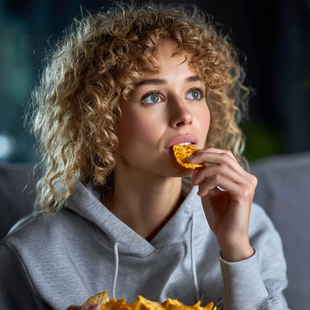 A young woman with curly blonde hair, wearing a gray hoodie, sits comfortably and enjoys eating a handful of crunchy, seasoned tortilla chips.  She appears engrossed in something off-camera, perhaps a movie or television show, her gaze directed away from the viewer. The dimly lit setting suggests a cozy, evening atmosphere.
