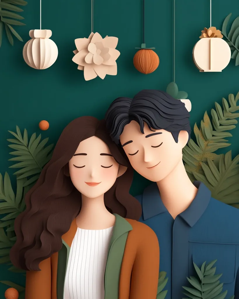 A charming illustration depicts a young couple embracing, their eyes closed in peaceful contentment.  Rendered in a papercraft style, the image features soft, muted colors and delicate details.  They are surrounded by hanging paper ornaments and stylized foliage, creating a serene and romantic atmosphere. The overall aesthetic is calm and inviting.