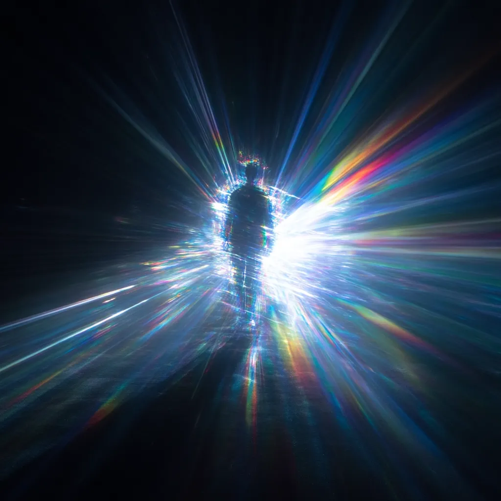A dark silhouette of a person stands at the center of a radiant burst of light.  The light explodes outwards in a dazzling array of multicolored rays, creating a mesmerizing and ethereal effect. The figure appears to be walking towards the viewer, enveloped by the vibrant, prismatic energy. The overall image evokes a sense of transcendence and otherworldly beauty.