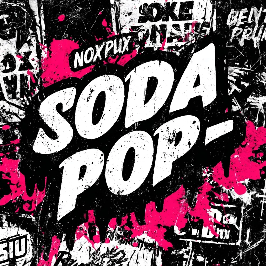 A graphic design featuring the words "SODA POP!" in large, bold, white letters with a distressed, vintage style.  The lettering is set against a black background splashed with vibrant pink paint splatters.  The overall aesthetic is reminiscent of punk rock or grunge imagery, incorporating a collage-like effect with fragments of other text and designs visible in the background.