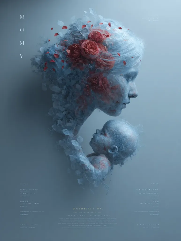 A stylized artwork depicts a mother cradling her newborn. Both figures are rendered in a pale blue, almost icy, texture, adorned with delicate, frosted flowers, primarily roses.  The ethereal quality evokes a sense of motherhood and fragility. The title "Mother's Day" is subtly incorporated, suggesting a theme of maternal love and the preciousness of new life.  The overall aesthetic is dreamlike and melancholic.