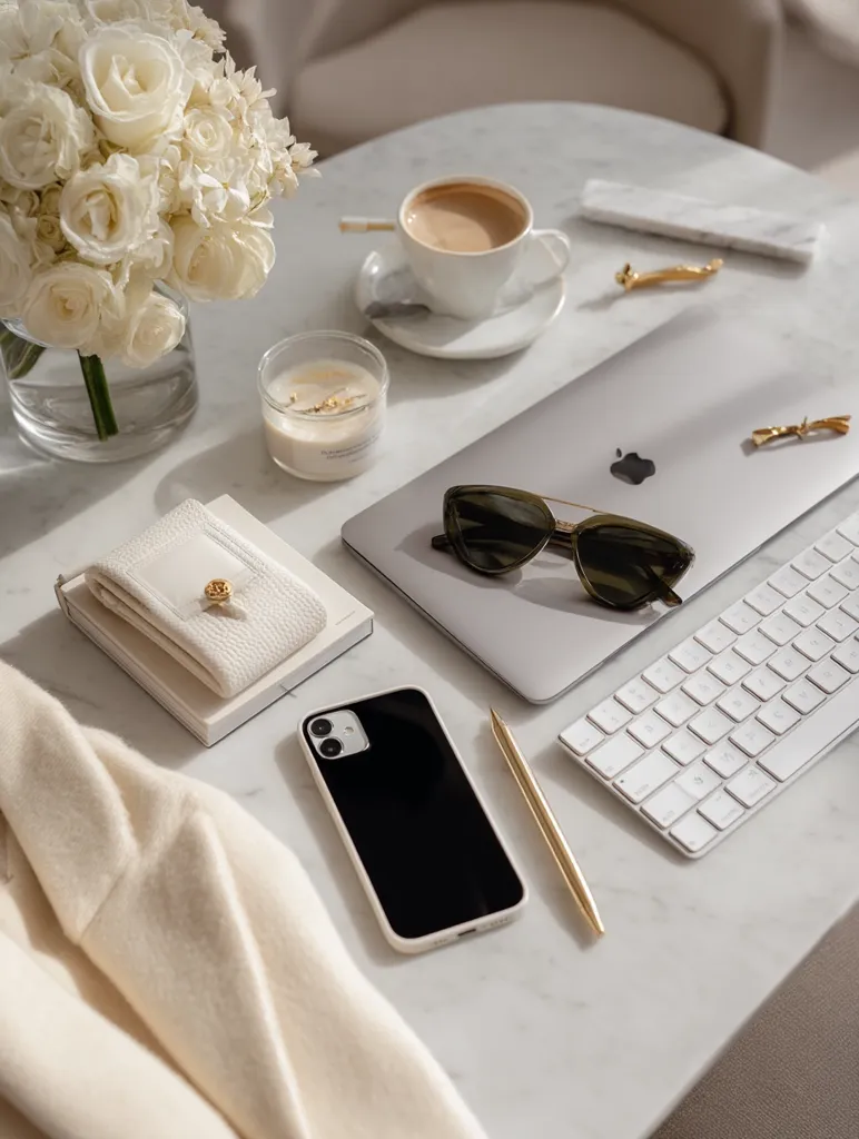 A marble table displays a minimalist workspace.  A bouquet of white roses, a cup of coffee, a candle, and a laptop sit alongside a smartphone in a black case, sunglasses, and a gold pen.  A white keyboard extends from the laptop, and a small cream-colored wallet rests on a notepad. The scene is bathed in soft, natural light, creating a serene and aesthetically pleasing arrangement.