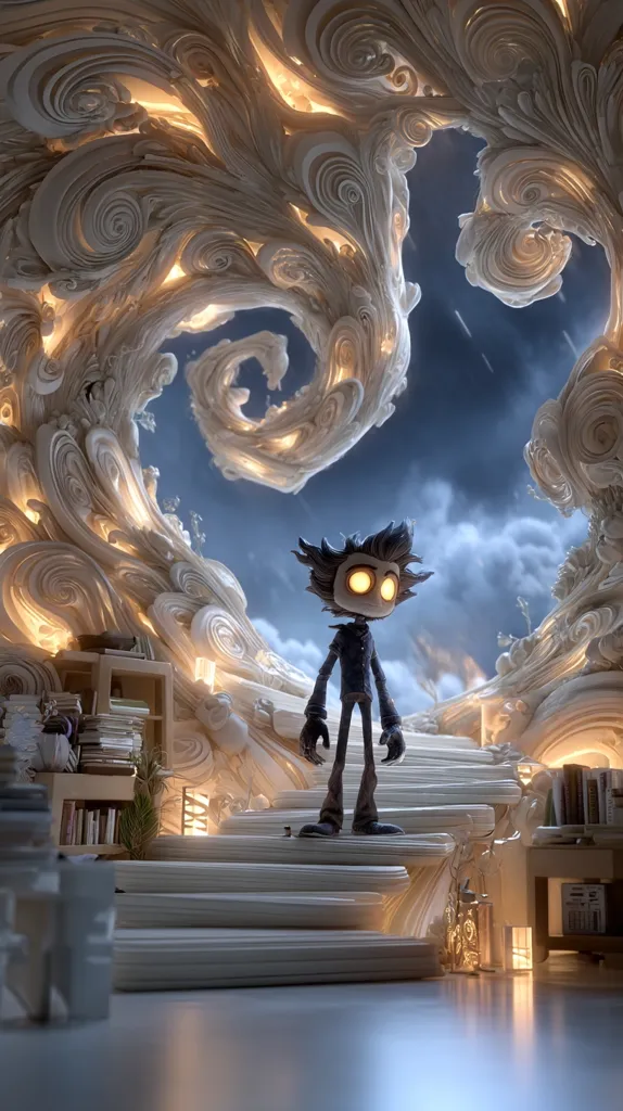 A stylized character stands on a staircase crafted from swirling, luminous white pages, resembling a fantastical cloud formation.  The background features a night sky visible through the sculpted paper. Bookshelves and other objects suggest a room-like setting within this surreal, dreamlike environment.  The scene is bathed in warm, ethereal light, creating a magical and whimsical atmosphere.