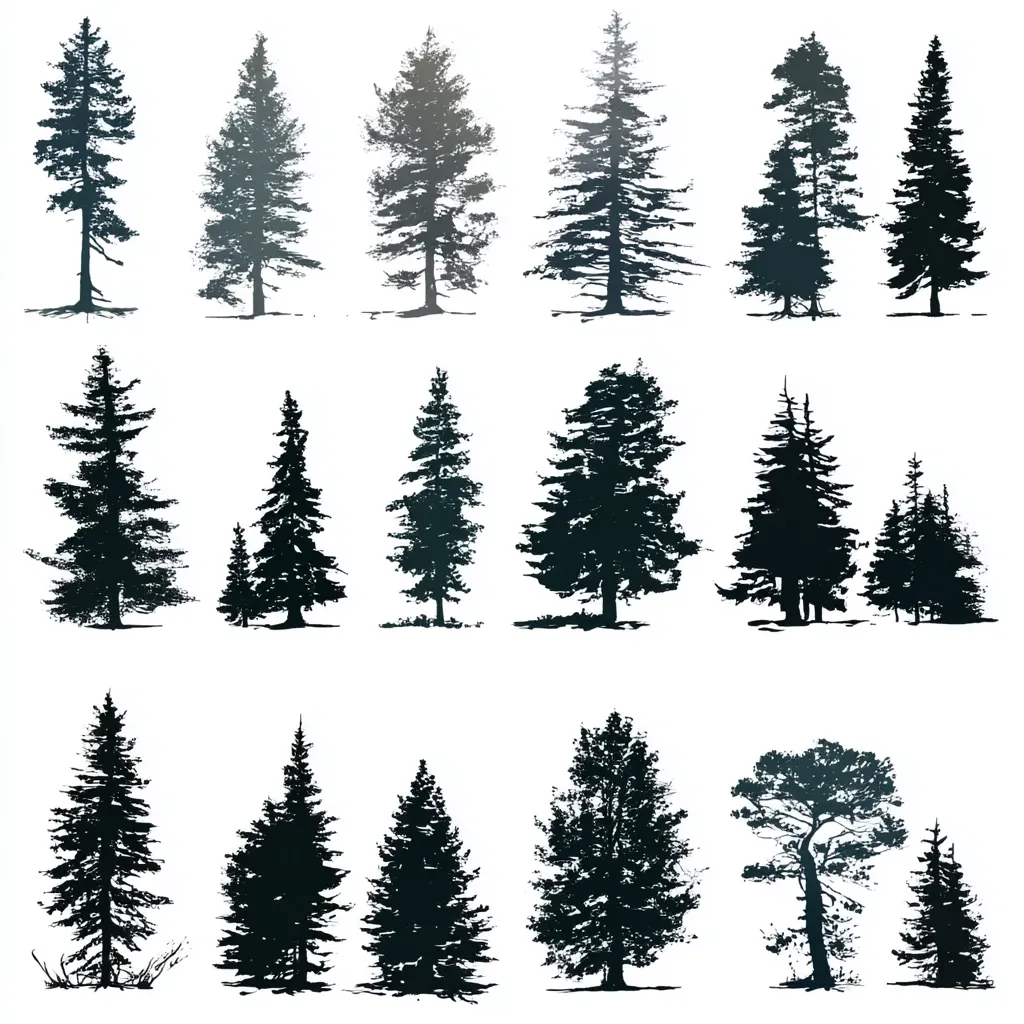 The image showcases a collection of eighteen stylized evergreen trees, predominantly conifers, rendered in dark silhouettes against a white backdrop.  The trees vary in height, width, and shape, presenting a diverse range of forms characteristic of different species.  They are arranged in three rows of six, offering a visual catalog of coniferous tree types.  The style is simple and graphic, suitable for design or illustrative purposes.