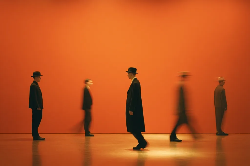 Five figures, four blurred and one sharply in focus, walk against a vibrant orange background.  All wear dark suits and hats. The central figure stands out, sharply defined, while the others are motion blurred, suggesting movement and contrast. The image evokes a sense of anonymity and isolation within a striking, minimalist setting.