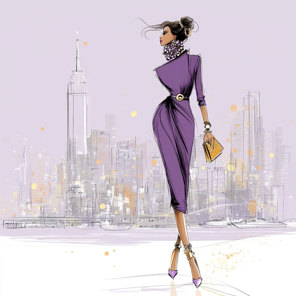 A stylish woman in a purple dress and high heels stands against the backdrop of a city skyline, possibly New York City, with the Empire State Building visible. She carries a gold clutch and wears a statement necklace. The illustration is fashion-focused, showcasing elegant attire and a confident pose.  The soft colors and sketched style create a sophisticated and dreamy atmosphere.