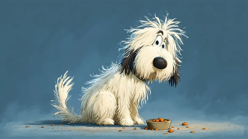 A fluffy white dog with black ears sits before a bowl of dog food.  Its fur is wildly tousled, and its large, expressive eyes convey a slightly forlorn expression.  A few kibbles are scattered on the floor around the bowl, adding to the scene's charmingly whimsical nature. The dog is the focal point against a muted blue background.