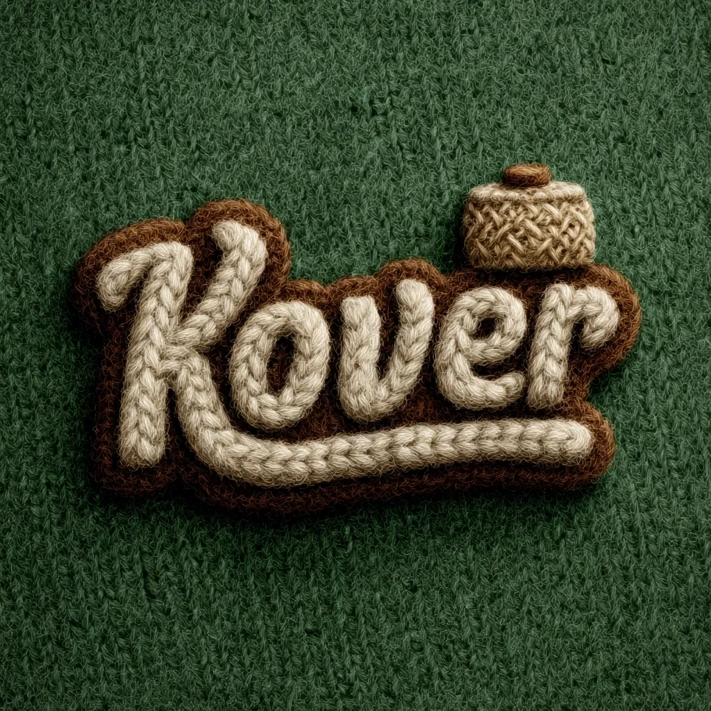 The word "Kover" is artfully crafted from textured yarn, resembling a knitted or crocheted design.  The letters are off-white yarn with a brown outline, sitting atop a dark green knitted background.  A small, similarly textured yarn ball is positioned above the word, completing the cozy, handcrafted aesthetic.  The image evokes a sense of warmth and homeliness.