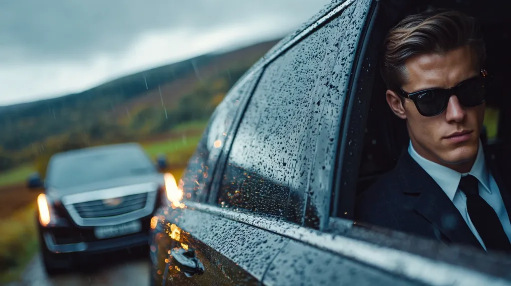 A man in a dark suit and sunglasses sits in the back of a black car on a rainy day.  Rain droplets cover the car's window. Another car is visible in the blurred background, suggesting a motorcade or escort. The overall mood is one of mystery and secrecy.