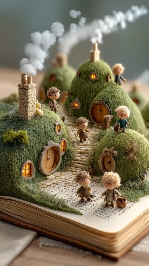 A whimsical diorama sits atop an open book, depicting a hobbit village.  Small, handcrafted figurines of hobbits populate the scene, with moss-covered, round houses featuring tiny doors and chimneys.  A path winds between the dwellings, leading to a house with smoke playfully curling from its chimney.  The overall effect is charming and fantastical.