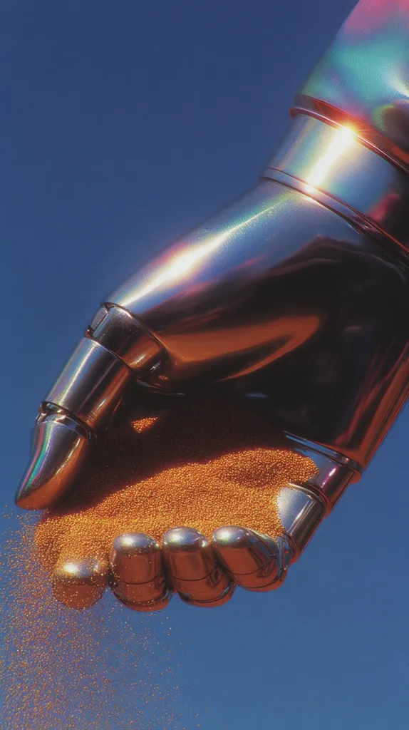 A metallic robotic hand, iridescent in the sunlight, gently pours a stream of small, orange spheres against a clear blue sky.  The hand's design is intricate, with polished, cylindrical fingers. The contrast between the smooth, reflective metal and the granular orange material creates a striking visual.  The overall impression is one of precision and controlled release.