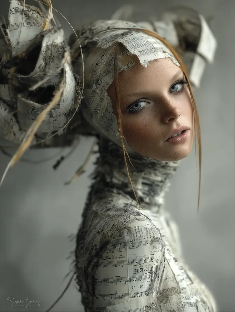 A woman's portrait, artfully adorned in a headpiece and garment crafted from tattered sheet music. The monochrome palette and distressed texture evoke a sense of decay and artistry. Her pale skin and striking blue eyes contrast with the aged paper, creating a visually captivating image.  The overall aesthetic is surreal and ethereal, blending beauty with a hint of melancholy.
