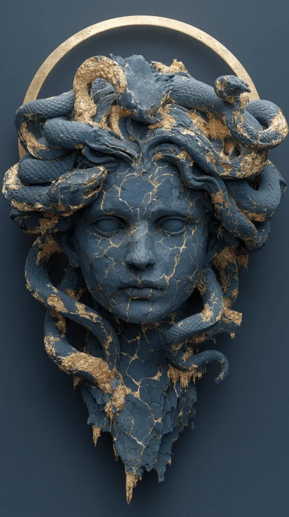 A striking 3D rendering depicts Medusa, her face weathered and cracked, a dark blue contrasted by gold accents.  Snakes, intricately detailed and also adorned with gold, form a crown around her head.  The overall effect is one of both beauty and decay, a powerful and artistic representation of the mythological figure.  A golden halo subtly frames the image.