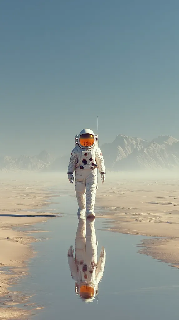 A lone astronaut in a white spacesuit walks across a desolate, sandy landscape under a clear, pale blue sky.  Mountains are visible in the distance, shrouded in a light haze.  A puddle of water reflects the astronaut's image perfectly, creating a surreal and solitary scene. The overall mood is one of quiet contemplation and vast emptiness.