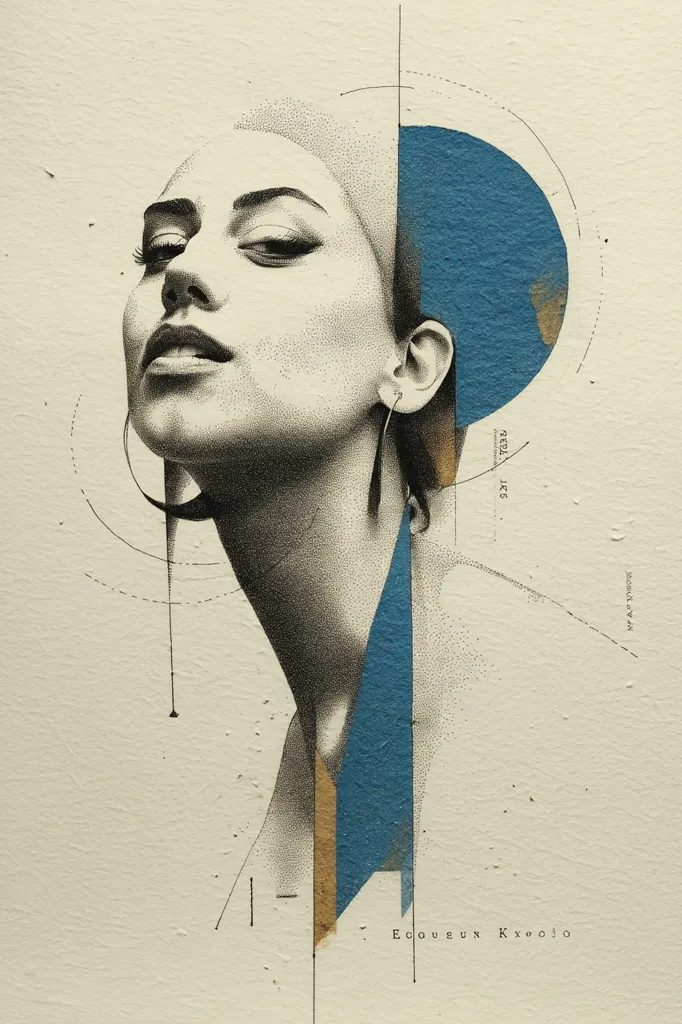 A pointillist-style portrait of a woman's face, rendered in shades of gray, is presented.  Geometric shapes in blue and gold are overlaid, creating an abstract, fragmented effect.  Long, dangling earrings accentuate the woman's profile. The artist's signature, "Ecoughun Kxoojo," is subtly placed at the bottom.  The overall aesthetic is modern and artistic, blending realism with geometric abstraction.