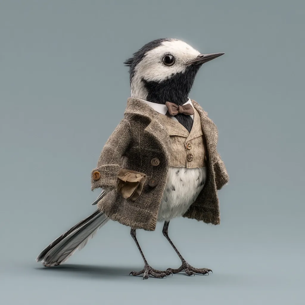 A whimsical illustration depicts a white wagtail bird, meticulously dressed in a tailored tweed jacket, waistcoat, and bow tie.  The bird's attire is detailed, with visible buttons and a small pocket square. Its pose is sophisticated, suggesting a dapper gentleman. The background is a muted grey, providing a stark contrast to the bird's plumage and clothing.