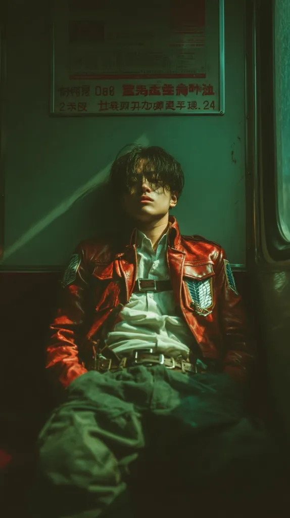 A young man, with dark hair falling over his eyes, sits slumped against a green wall on what appears to be a public transport vehicle.  He's dressed in a red leather jacket, reminiscent of a military uniform, with  a white shirt underneath.  The low-light, moody atmosphere emphasizes his contemplative posture.  A partially visible sign in a foreign language is behind him.