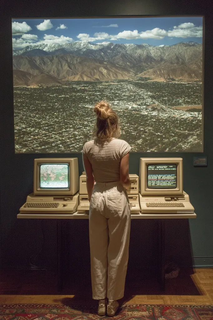 A woman with her hair in a bun stands in front of a bank of vintage beige computers.  A large screen behind her displays a panoramic view of a city nestled in a valley, with snow-capped mountains in the distance.  The scene evokes a feeling of nostalgia and technological history. The woman is dressed in light beige, wide-legged pants and a simple top.