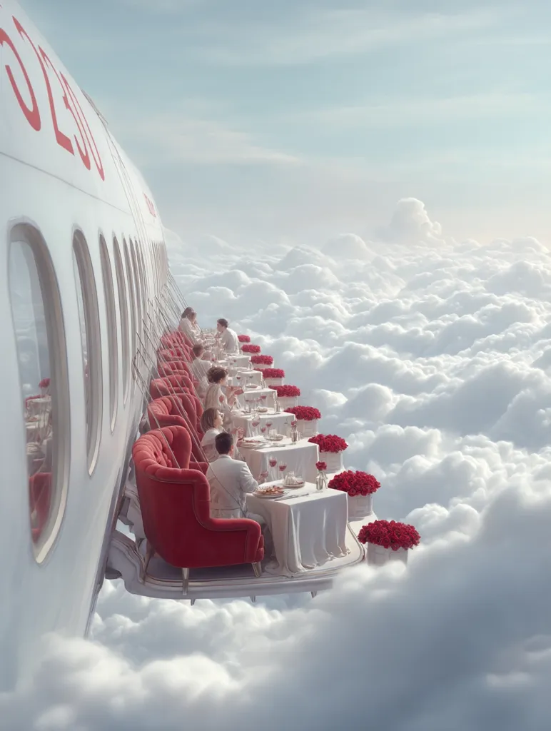 A surreal image depicts a row of elegantly set tables with red velvet chairs attached to the side of an airplane flying above a sea of clouds.  Couples dine amidst bouquets of red roses, creating a luxurious and dreamy atmosphere. The scene is otherworldly, suggesting a unique and exclusive dining experience.