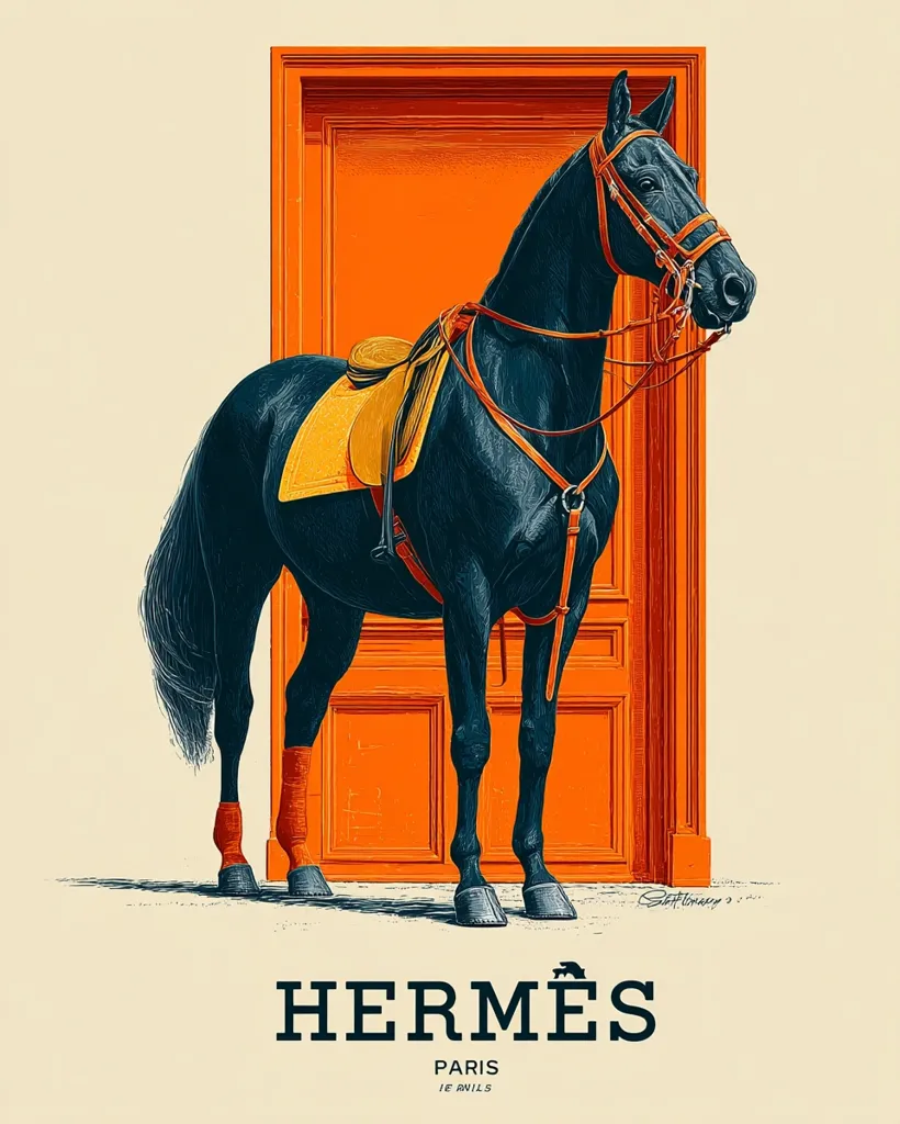 A striking illustration showcases a black horse, elegantly adorned with a yellow saddle and brown bridle, standing before a vibrant orange door.  The horse's legs are fitted with orange leg wraps. The scene is minimalist, with the Hermès logo prominently displayed at the bottom, indicating the brand's association with equestrian themes. The artwork's style is reminiscent of vintage posters, blending clean lines with rich colors.