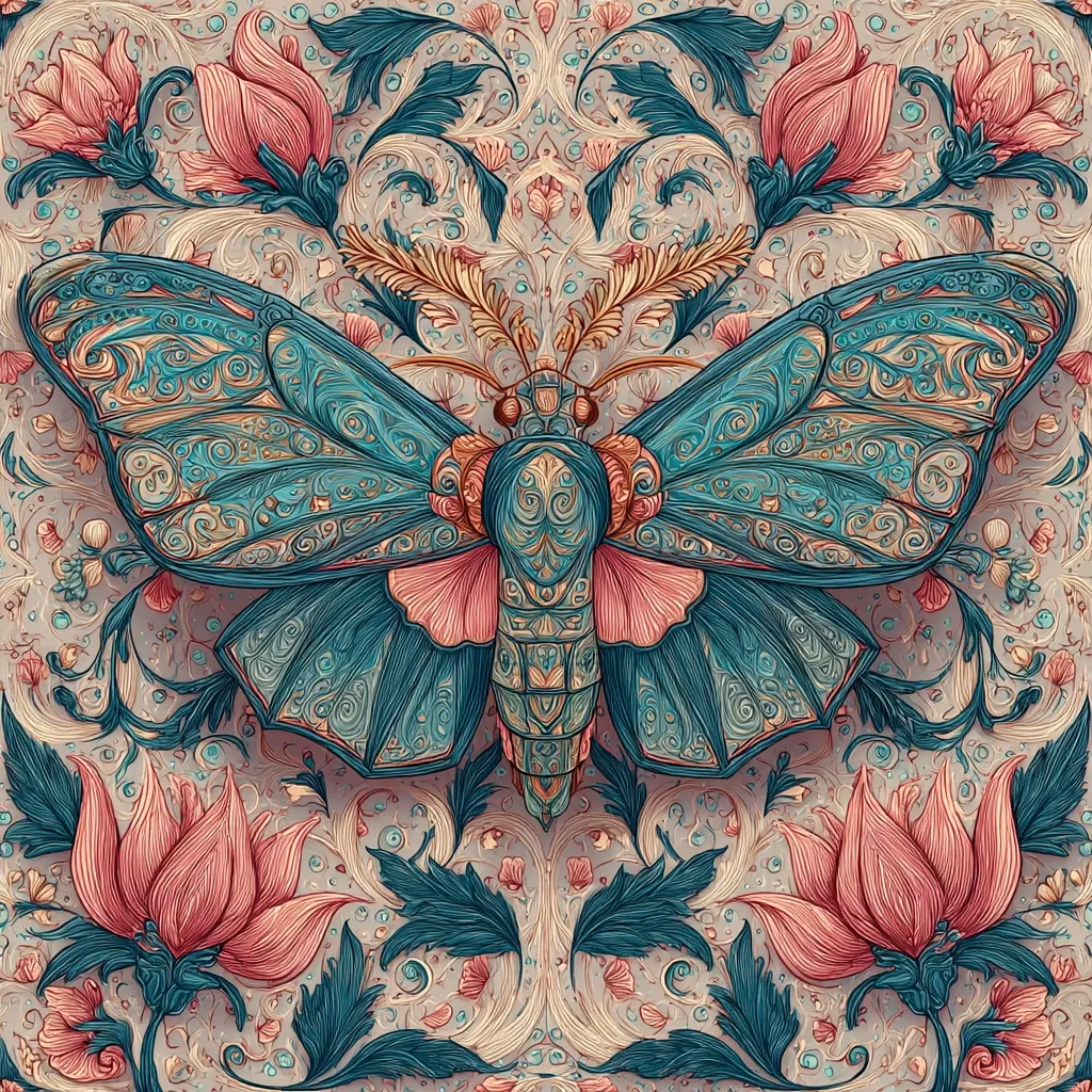 A detailed illustration showcases a large moth centrally positioned against a backdrop of ornate floral patterns. The moth's wings and body are intricately designed with swirling, teal and gold embellishments, resembling a piece of ornate jewelry. The background features a symmetrical arrangement of stylized pink flowers and swirling foliage in muted beige and teal tones, creating a harmonious and luxurious aesthetic. The overall style suggests Art Nouveau or similar decorative art movements.