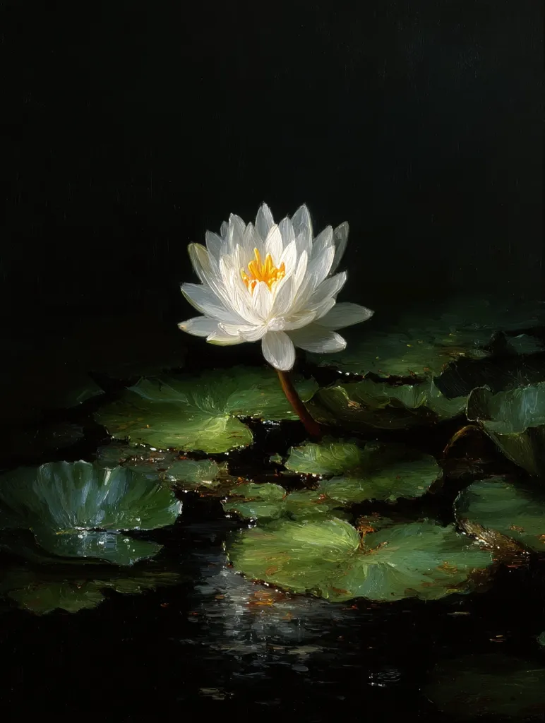 A single white water lily, its yellow center glowing softly, stands out against a dark background of lily pads.  The dark, almost black water reflects subtle light.  The painting uses a chiaroscuro technique, emphasizing contrast between light and shadow to create a dramatic and serene atmosphere.  The lily is the focal point, its delicate petals highlighted in the dim light.