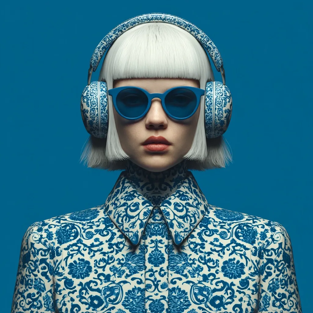 A stylish woman with platinum blonde bob, blue-framed sunglasses, and ornate blue and white headphones, is captured in a close-up shot against a vibrant blue backdrop.  Her clothing features a matching blue and white floral pattern. The overall aesthetic is modern and chic with a touch of vintage flair. The image is sharp and well-lit, emphasizing the details of the clothing and accessories.