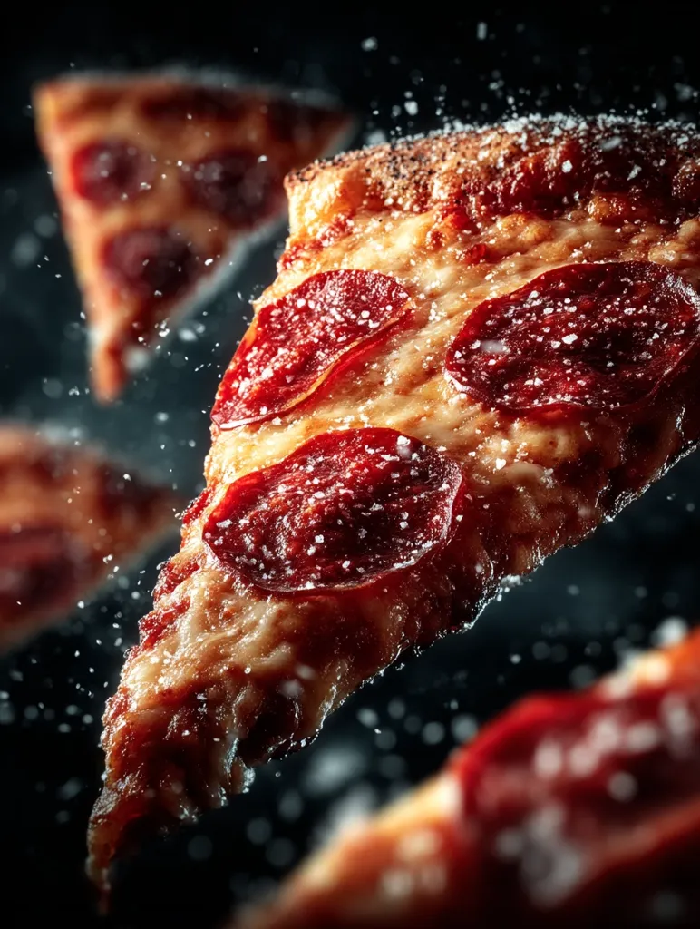 A delicious pepperoni pizza slice, sprinkled with seasoning, hangs in mid-air against a dark background.  Other blurred pizza slices are visible, creating a dynamic, appetizing image suggesting movement and freshness. The cheese is melted and bubbly, and the pepperoni is perfectly cooked.  The overall effect is one of tempting, mouthwatering pizza.