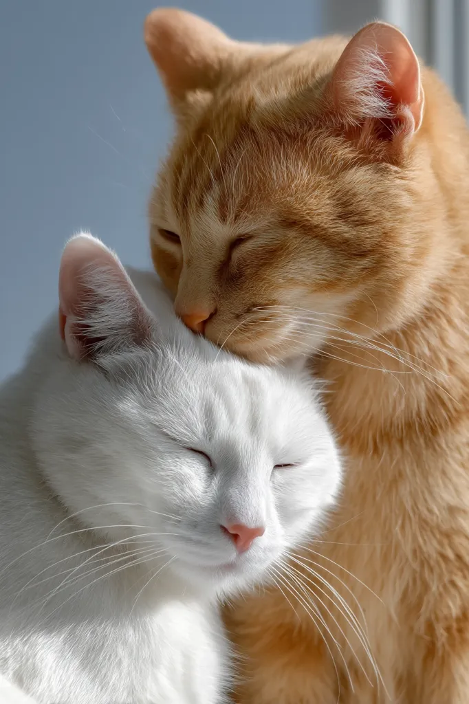 A heartwarming image of two cats nestled together. A ginger cat gently rests its head on a white cat, its eyes closed in contentment.  The white cat mirrors the peaceful expression, creating a scene of feline affection and tranquility.  The soft lighting enhances the texture of their fur, highlighting the contrast in their coats.