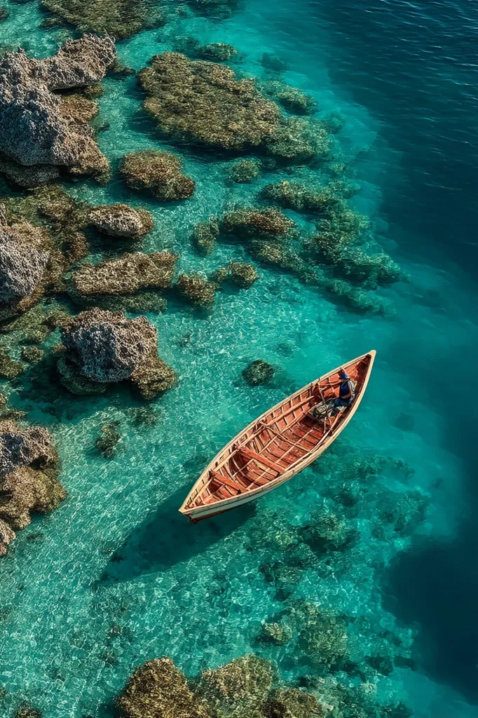 An aerial view captures a lone wooden boat gliding across crystal-clear turquoise water.  The boat, carrying a single person, is surrounded by vibrant coral reefs and rocks visible beneath the shallow, transparent sea. The scene evokes a sense of tranquility and the beauty of a pristine, tropical location.  The contrasting colors of the boat, water, and coral create a striking visual.