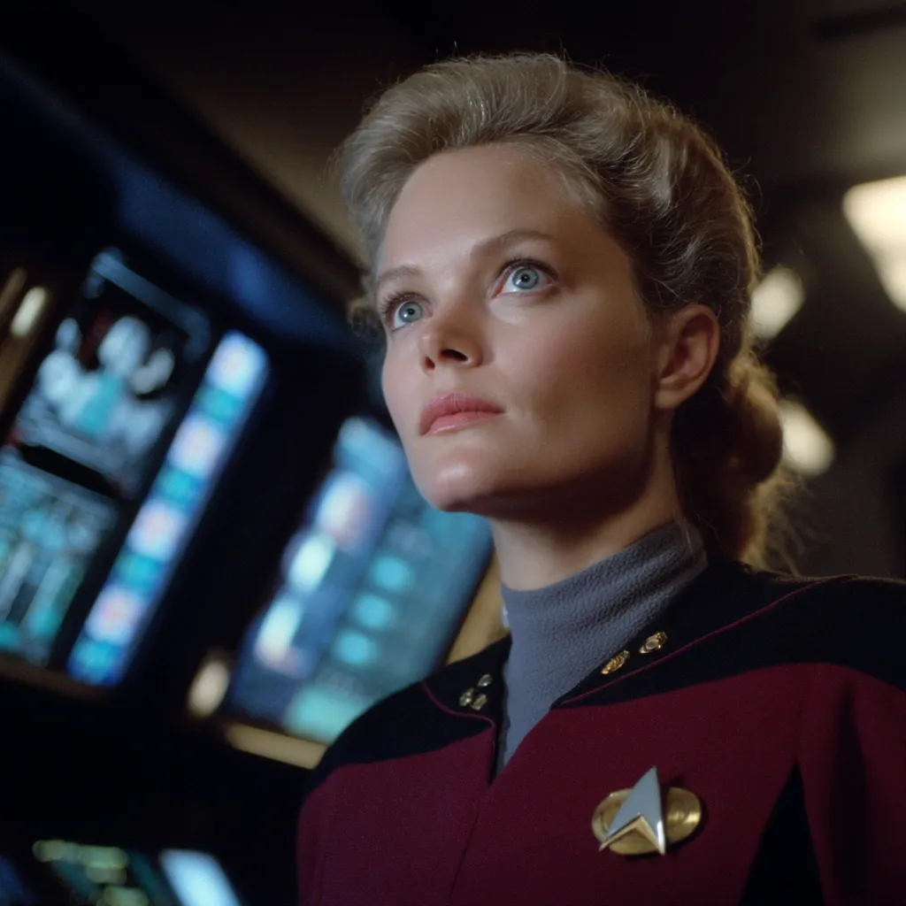 A close-up shot of a woman, possibly a Starfleet officer, in a burgundy uniform with a grey turtleneck.  She has blonde hair styled up and is gazing upwards with a thoughtful expression.  The background is blurred but shows a Star Trek-style bridge with glowing consoles.  Her uniform features a Starfleet insignia, suggesting a command position.