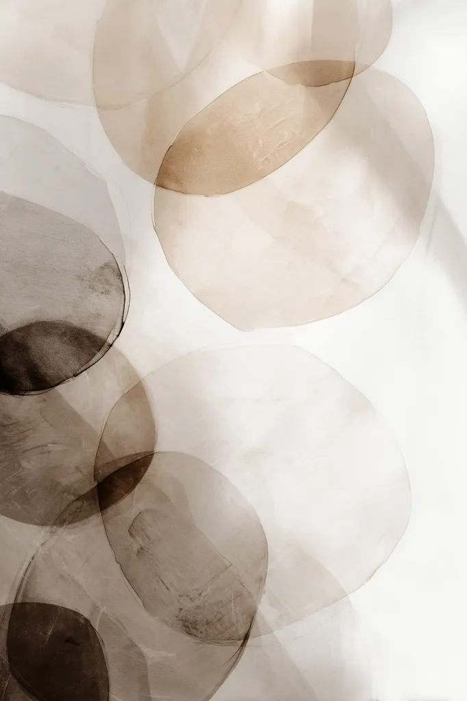 The image showcases an abstract artwork featuring overlapping translucent circles in varying shades of brown and beige. The circles are rendered with a watercolor-like effect, creating a soft, ethereal feel.  The background is a light, off-white, allowing the subtle color variations of the overlapping shapes to stand out. The overall effect is calming and minimalist.