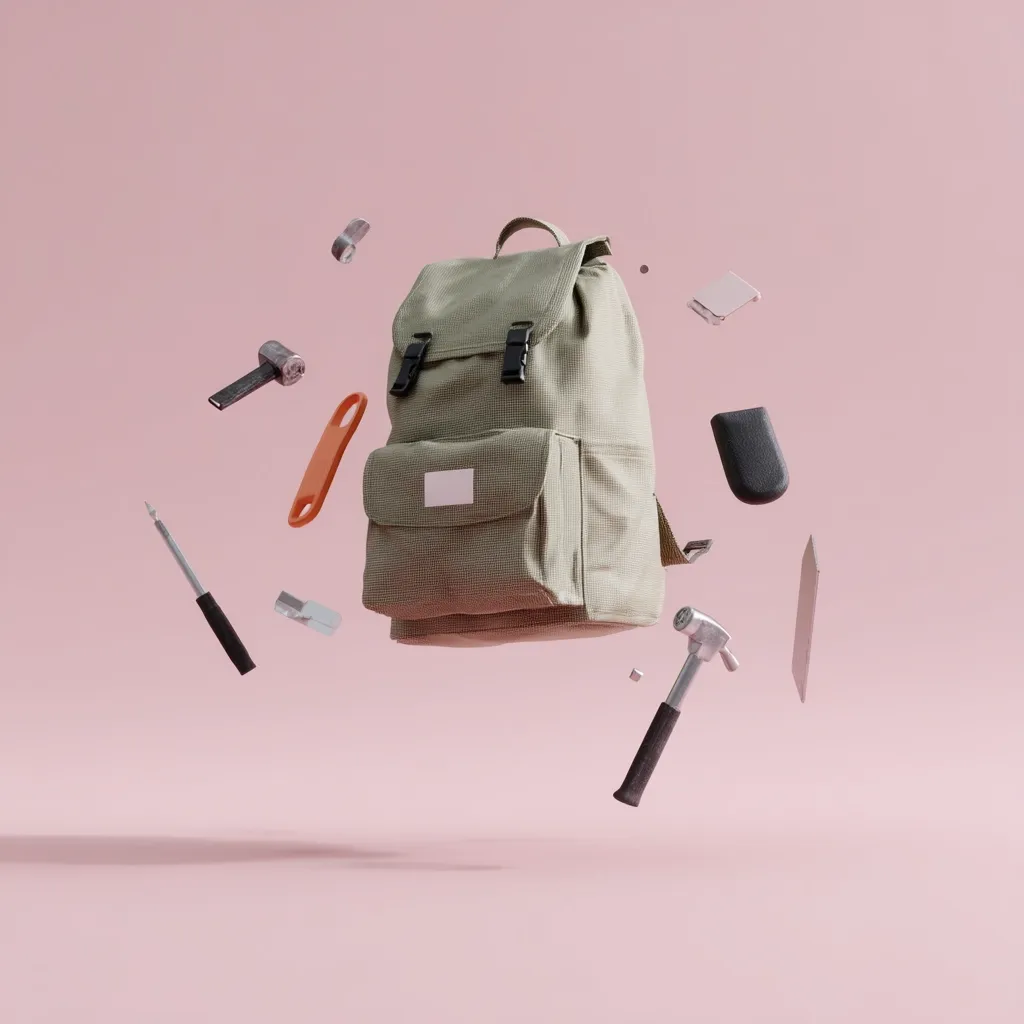 A light olive-green backpack floats against a pale pink background, surrounded by various tools and small objects.  Items include hammers, a screwdriver, a small orange rectangle, and other unidentified hardware.  The scene is surreal and minimalist, suggesting a playful or conceptual image.