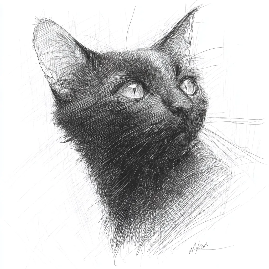 A detailed pencil sketch depicts a black cat's head and shoulders, viewed in profile.  The cat's gaze is directed upward and to the right, its expression alert and curious.  The artist's meticulous shading creates a sense of depth and texture in the cat's fur.  Crosshatching and fine lines are used throughout the drawing, highlighting the cat's features.  The background is lightly sketched, drawing attention to the cat as the focal point.