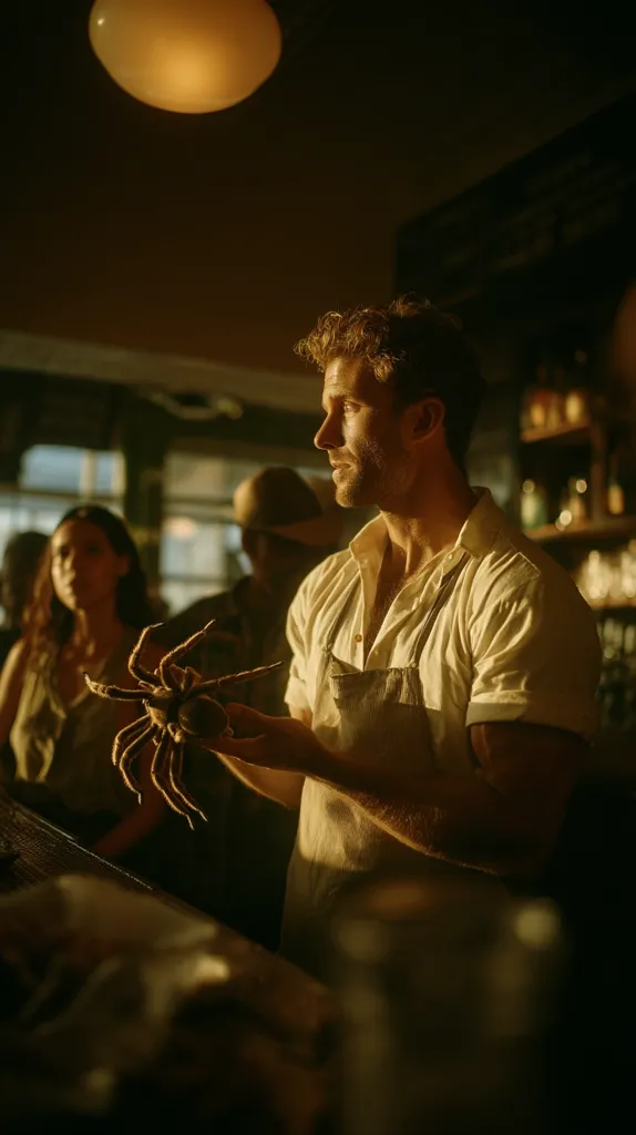 A man in a light-colored shirt and apron stands in a dimly lit bar, holding a large, realistic-looking spider model.  Behind him, a woman and another man are visible. The bar's atmosphere is dark and moody, highlighted by warm, golden lighting. The scene suggests a mysterious or suspenseful narrative.